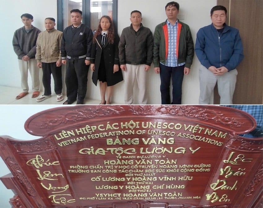 Các đối tượng trong đường dây lừa đảo Hoàng Minh Đường và bằng khen giả mạo y học cổ truyền.