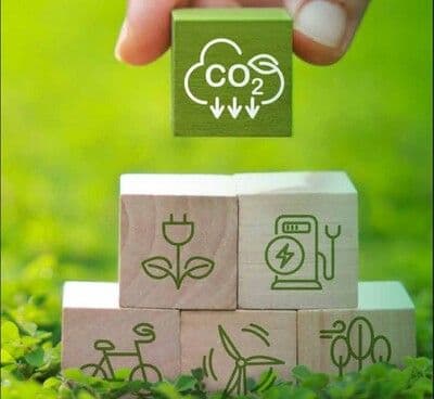 Các khối gỗ với biểu tượng giảm khí thải CO2, năng lượng tái tạo và thân thiện môi trường, minh họa cho các sáng kiến tín dụng xanh của Sacombank