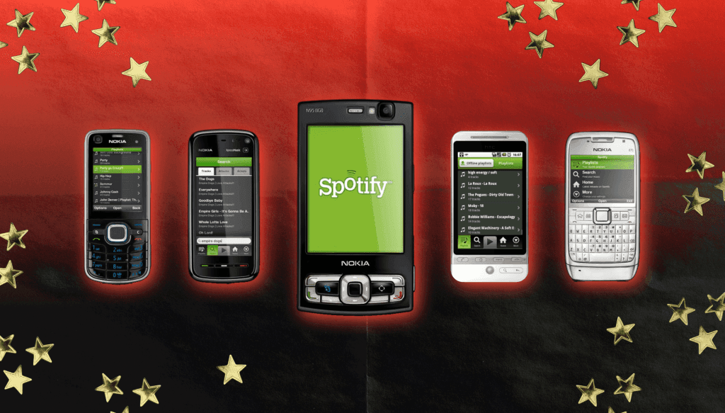 Các thiết kế giao diện Spotify trên những mẫu điện thoại di động đời đầu, minh họa sự phát triển của nền tảng.