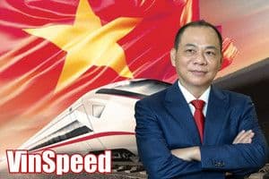 Chủ tịch Vingroup Phạm Nhật Vượng với hình ảnh tàu cao tốc và cờ Việt Nam, tượng trưng cho tầm nhìn phát triển hạ tầng và kinh tế quốc gia của tập đoàn.