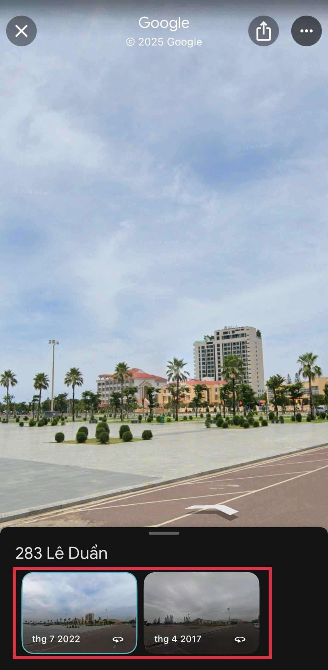 Chế độ xem phố Google Maps hiển thị tùy chọn chọn mốc thời gian khác nhau để xem lại hình ảnh quá khứ.