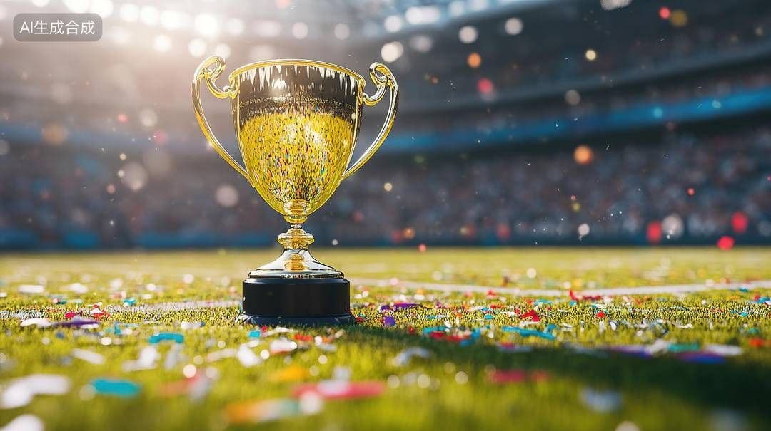 Chiếc cúp vàng World Cup lấp lánh trên sân cỏ xanh mướt, tượng trưng cho vinh quang và sức hút toàn cầu của giải đấu.