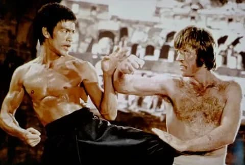 Chuck Norris và Lý Tiểu Long trong cảnh chiến đấu kinh điển từ phim "Way of the Dragon".