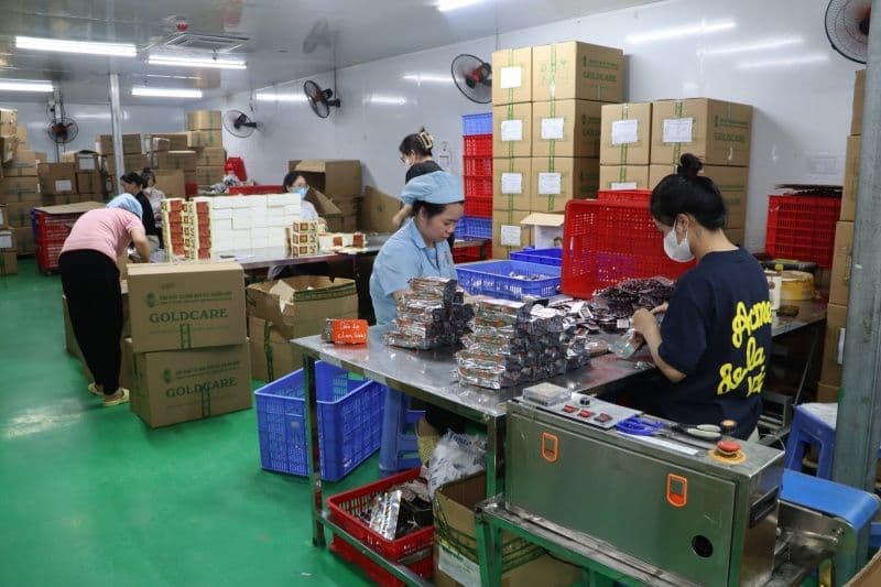 Công nhân đóng gói sản phẩm thực phẩm chức năng giả tại cơ sở sản xuất.