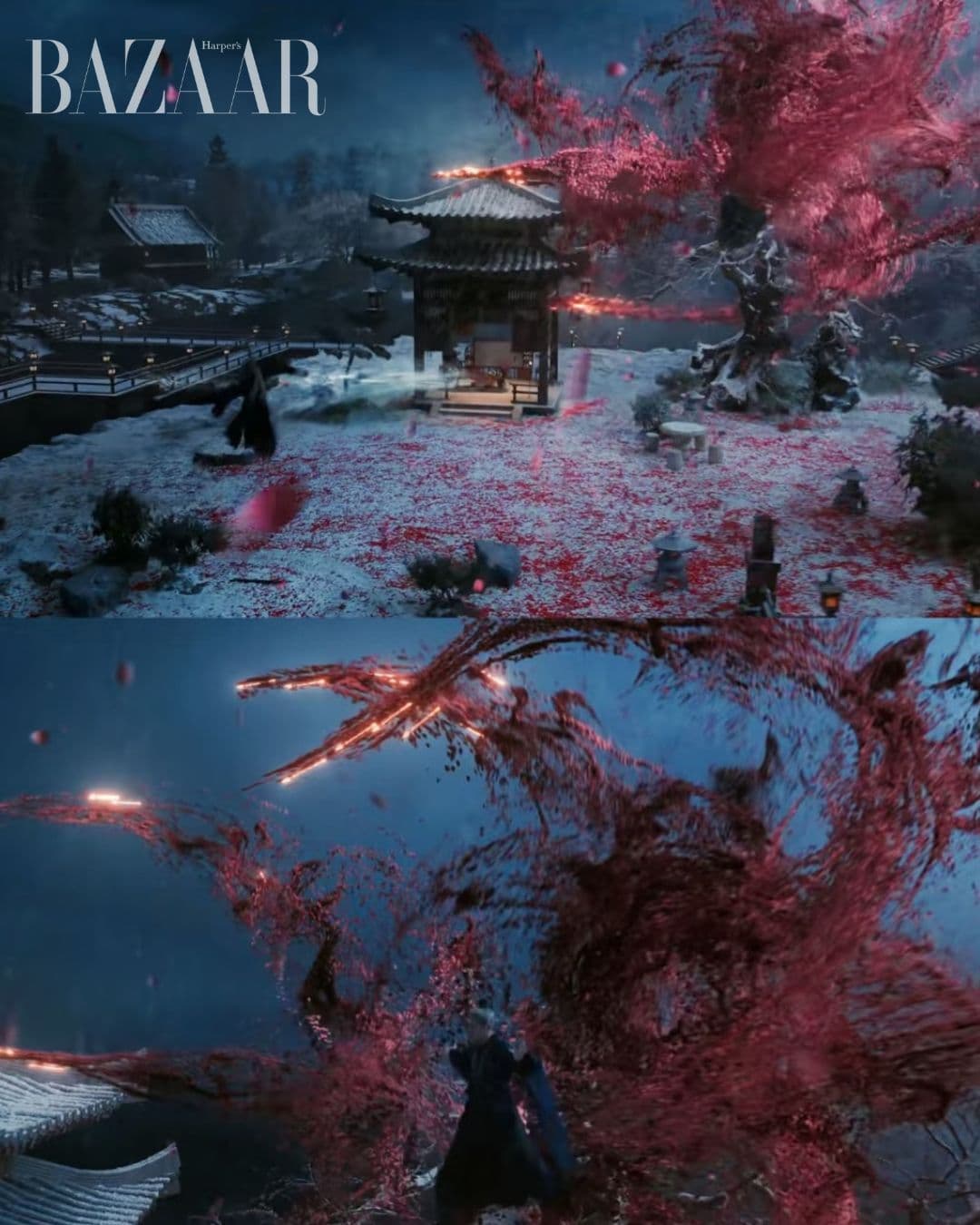 Cảnh chiến đấu với chiêu Vạn Thụ Phi Hoa trong Ám Hà Truyện, thể hiện tông màu tối và hiệu ứng đặc sắc.