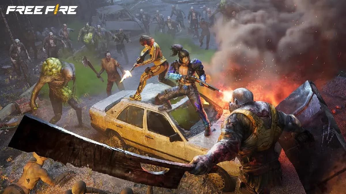 Cảnh hành động trong Garena Free Fire MAX với hai nhân vật chiến đấu giữa bối cảnh đổ nát, thể hiện trải nghiệm chơi game kịch tính được nâng cao bởi các vật phẩm từ mã quà Garena.