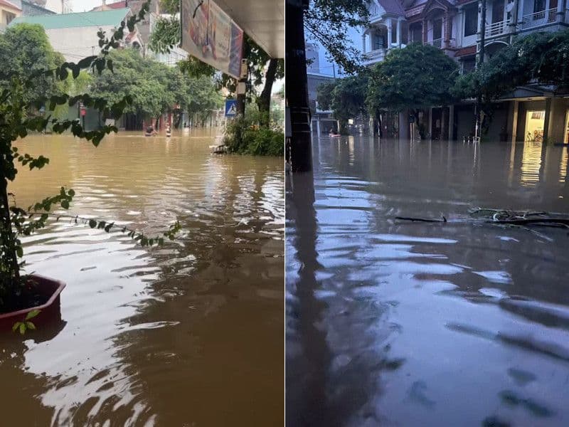 Cảnh đường phố Thái Nguyên ngập sâu trong nước lũ, phản ánh tình trạng 'biển nước đô thị' sau bão.