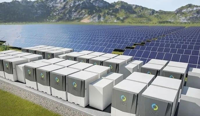 Cánh đồng pin mặt trời và hệ thống lưu trữ năng lượng, biểu tượng cho cam kết phát triển bền vững và năng lượng xanh của Hà Nội.