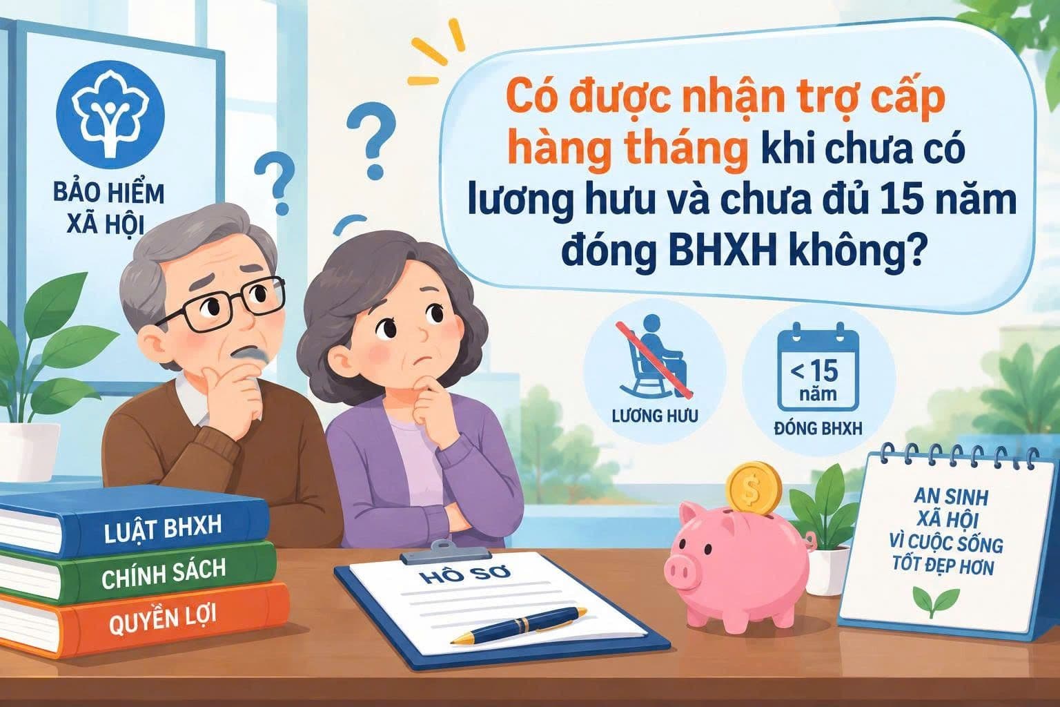 Cặp đôi lớn tuổi đang suy nghĩ về lương hưu và trợ cấp xã hội, với các tài liệu về Luật BHXH và tiền tiết kiệm, minh họa chủ đề hưu trí ở Việt Nam.