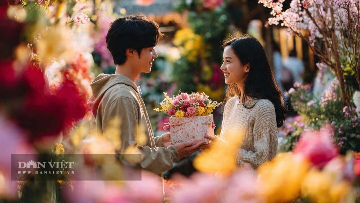 Cặp đôi trẻ trao nhau bó hoa và quà, thể hiện tình yêu và lời chúc 8/3 chân thành.