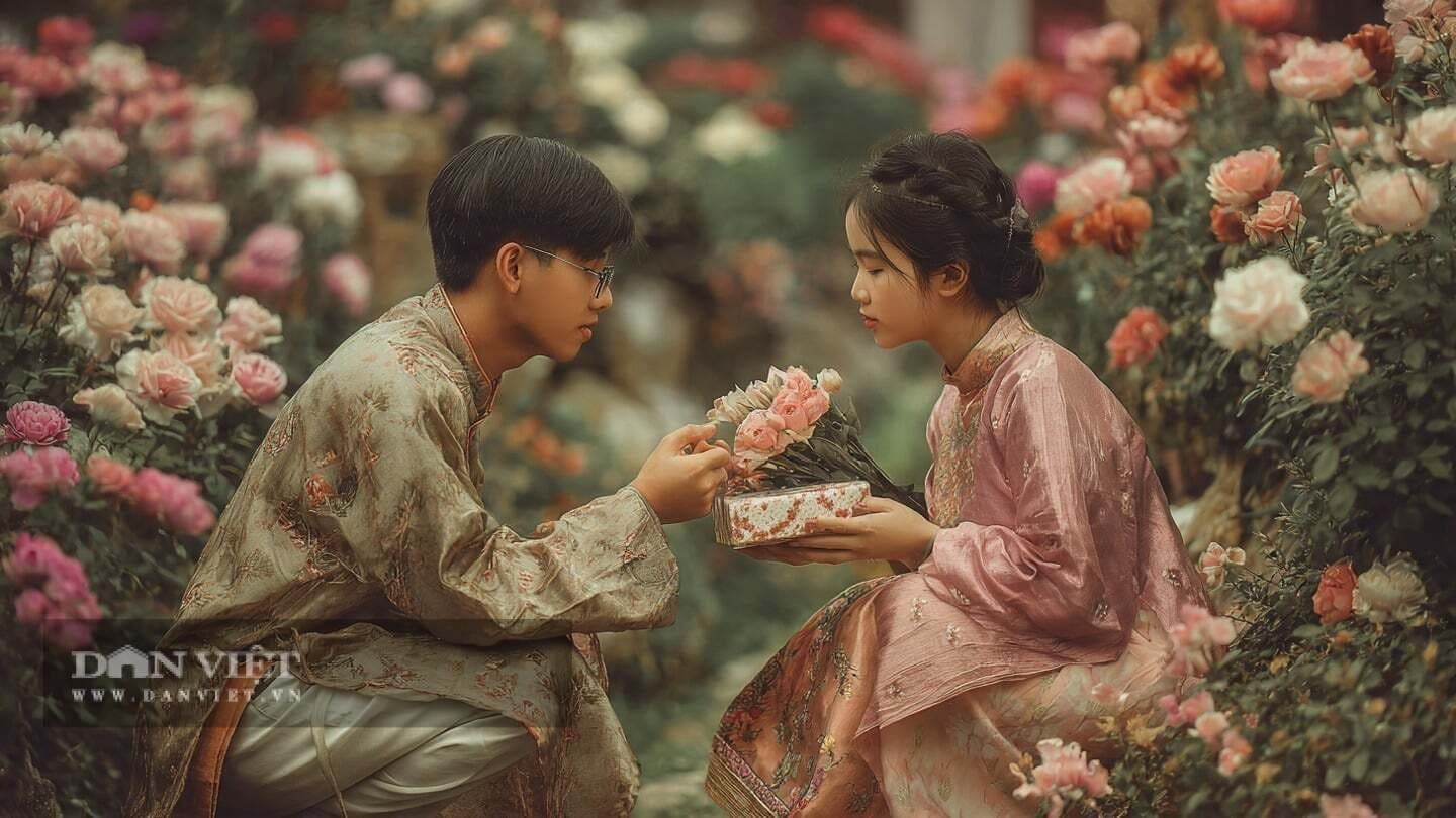 Cặp đôi trong trang phục truyền thống trao nhau quà và hoa, biểu tượng cho lời hứa và hành trình hạnh phúc chung.