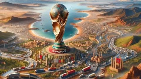 Cúp vàng World Cup đặt giữa cảnh quan đô thị và đường sá, tượng trưng cho sự toàn cầu hóa và áp lực thương mại trong bóng đá.
