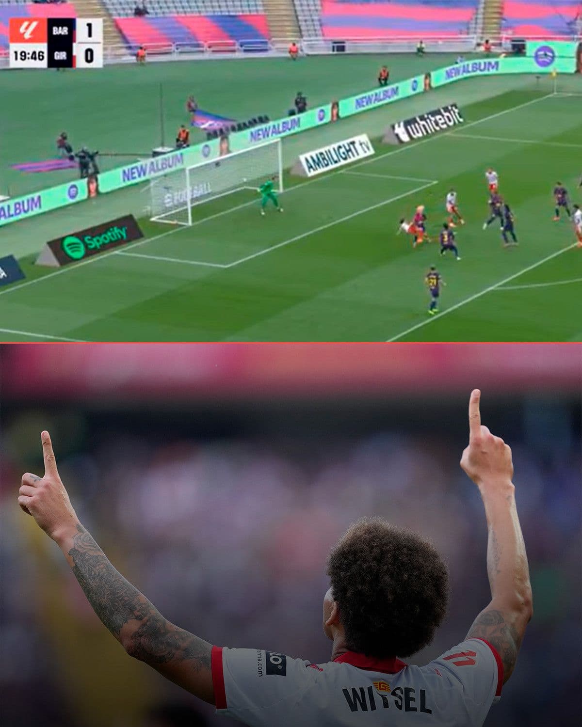 Cầu thủ Axel Witsel của Girona ăn mừng bàn thắng gỡ hòa 1-1 trước Barcelona, thể hiện tinh thần quật cường của đội bóng.