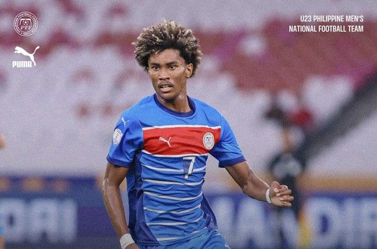 Cầu thủ Banatao của U23 Philippines ăn mừng sau khi lập cú đúp trong trận thắng sốc U23 Malaysia.