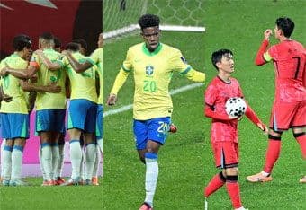 Cầu thủ Brazil ăn mừng chiến thắng trong khi cầu thủ Hàn Quốc thể hiện sự thất vọng sau trận đấu.