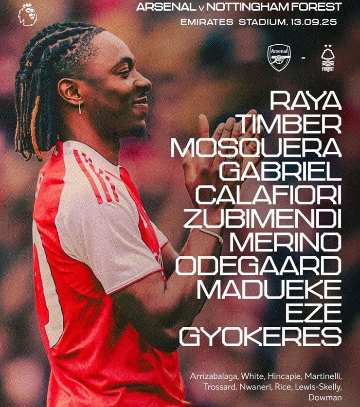 Cầu thủ Eberechi Eze của Arsenal và đội hình dự kiến trận đấu với Nottingham Forest tại Emirates.