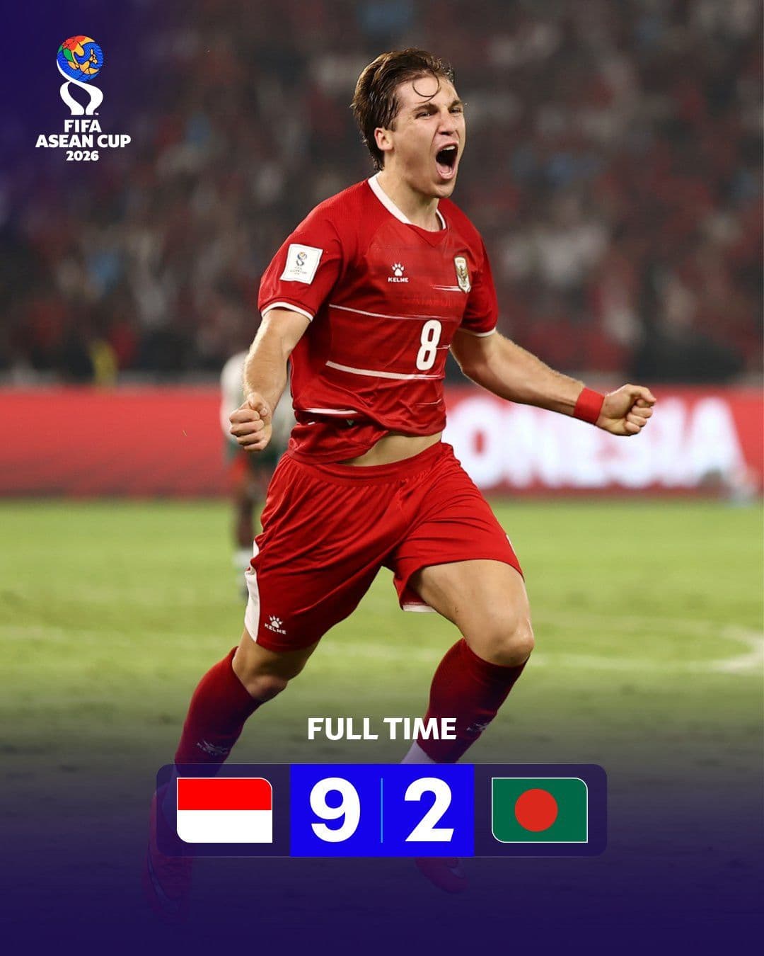 Cầu thủ Indonesia ăn mừng bàn thắng, bảng tỷ số 9-2 trận Indonesia vs Bangladesh tại FIFA ASEAN Cup 2026.