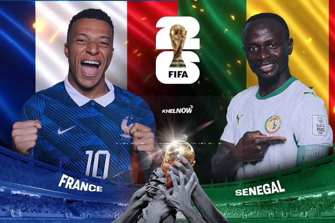 Cầu thủ Kylian Mbappé của Pháp và Sadio Mané của Senegal đối mặt, thể hiện sự đối đầu giữa hai đội tại World Cup.