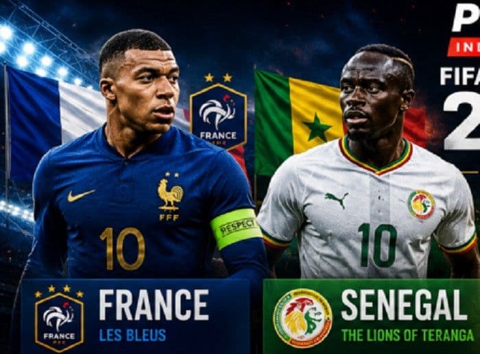 Cầu thủ Kylian Mbappé của Pháp và Sadio Mané của Senegal nhìn nhau, biểu tượng cho cuộc đối đầu giữa các ngôi sao.