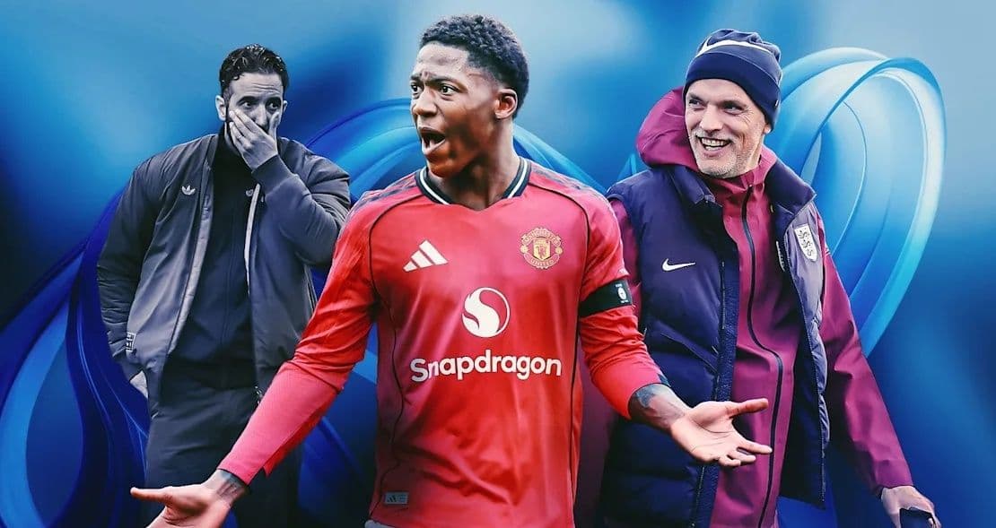 Cầu thủ Mainoo của Manchester United cùng các huấn luyện viên, thể hiện sự khắc nghiệt và chiến thuật trong bóng đá Ngoại hạng Anh.