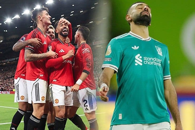Cầu thủ Manchester United ăn mừng chiến thắng, cầu thủ Liverpool thất vọng, phản ánh diễn biến kịch tính của Ngoại hạng Anh 2025/26.