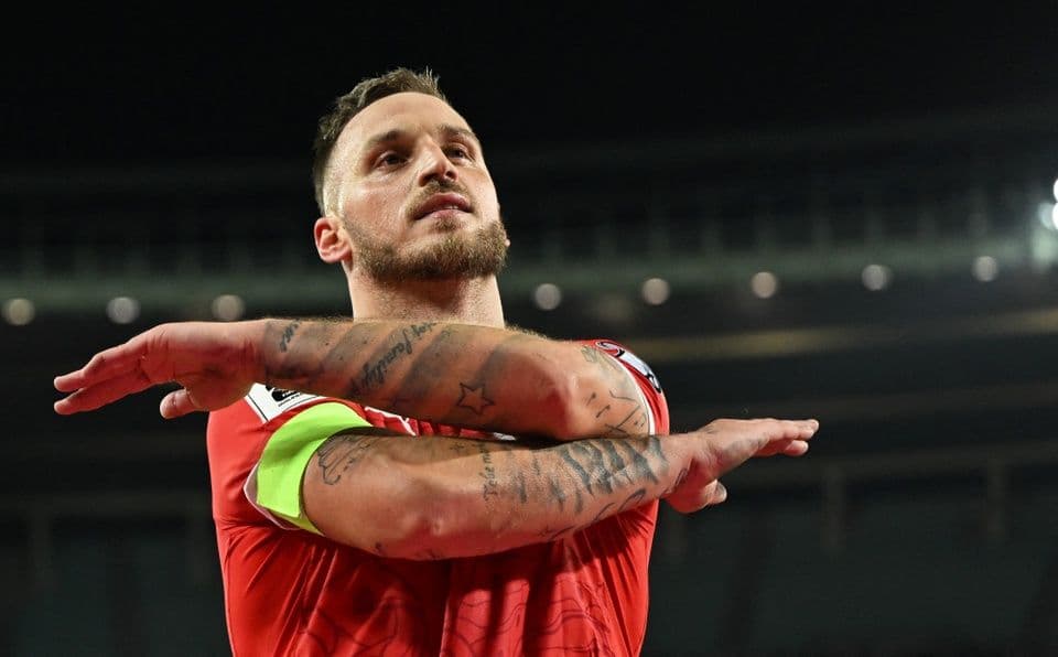 Cầu thủ Marko Arnautovic của tuyển Áo ăn mừng bàn thắng sau chiến thắng 10-0 trước San Marino.