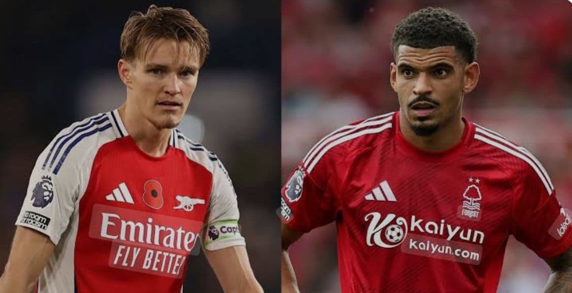 Cầu thủ Martin Odegaard của Arsenal và một cầu thủ Nottingham Forest, tượng trưng cho cuộc đối đầu chiến thuật.