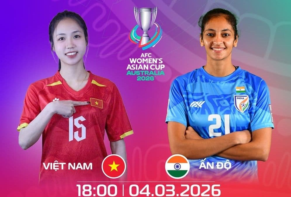 Cầu thủ nữ Việt Nam và Ấn Độ trên poster trận đấu Asian Cup Nữ 2026