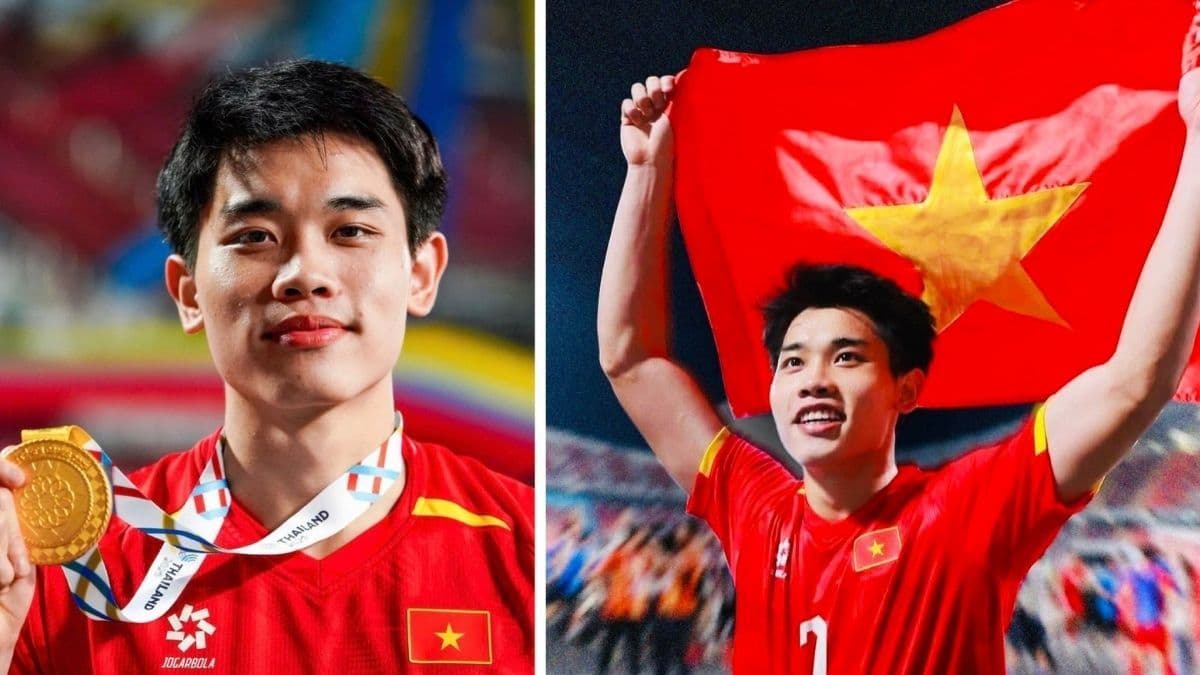 Cầu thủ Nguyễn Đình Bắc với huy chương và cờ Việt Nam, biểu tượng cho thành công và niềm tự hào dân tộc tại U23 Châu Á.