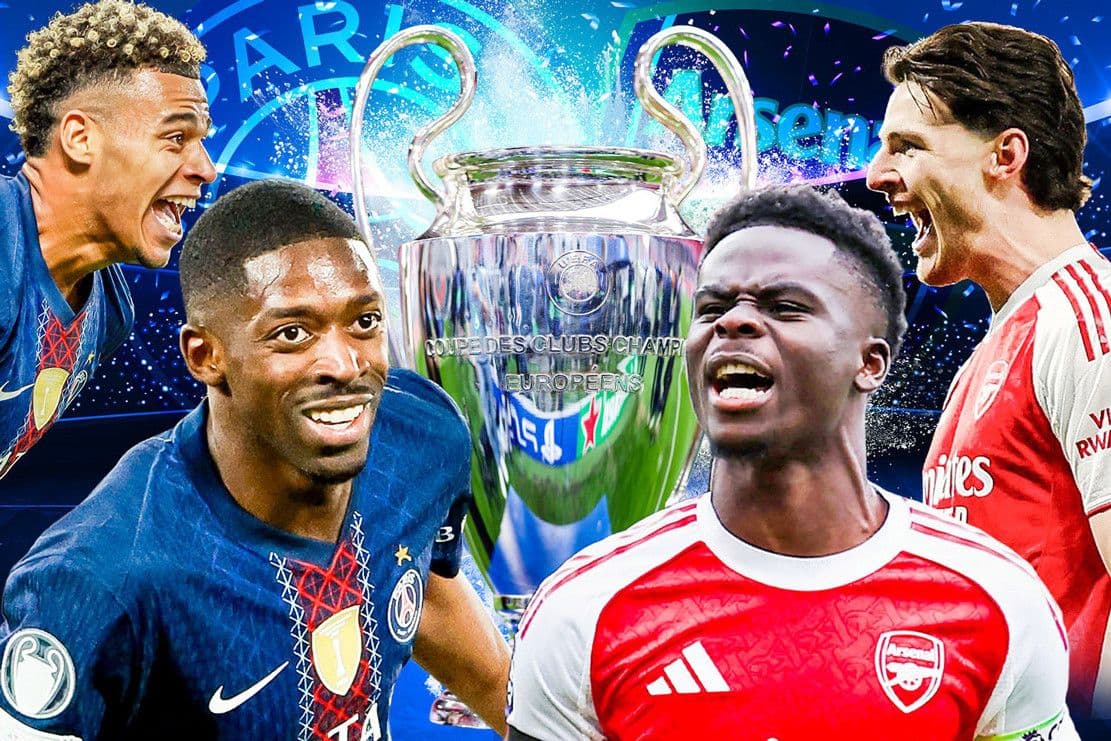Cầu thủ Ousmane Dembélé của PSG và Bukayo Saka của Arsenal đối mặt với cúp Champions League ở giữa, tượng trưng cho trận chung kết.