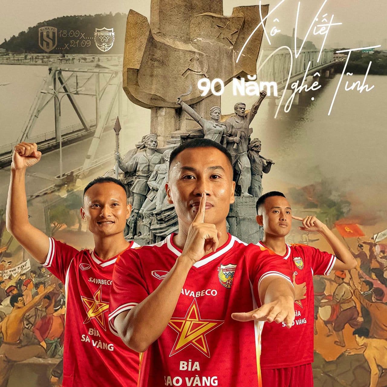 Cầu thủ Sông Lam Nghệ An trước tượng đài lịch sử và cầu Sông Lam, biểu tượng cho 90 năm Nghệ Tĩnh và trận derby.