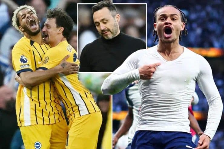 Cầu thủ Tottenham và Brighton thể hiện cảm xúc trong trận đấu, minh họa sự cạnh tranh và biến động vị trí trên bảng xếp hạng