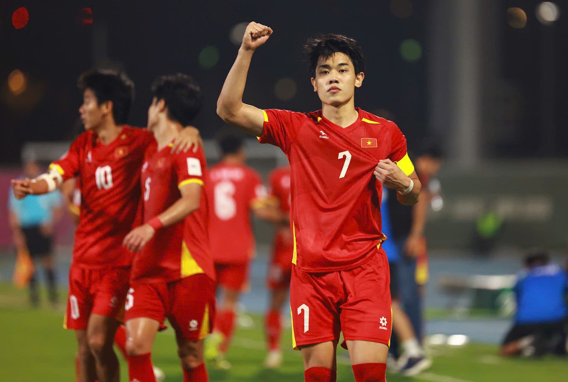 Cầu thủ U23 Việt Nam số 7 ăn mừng, đại diện cho thế hệ vàng mới đầy tiềm năng.