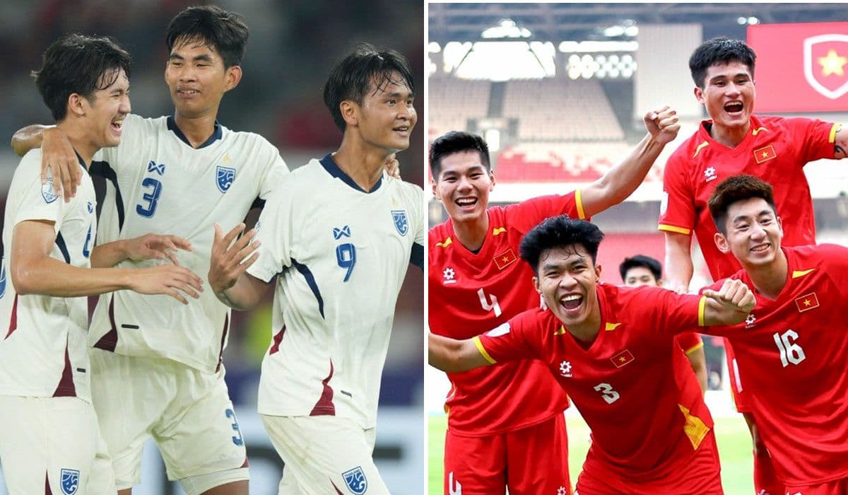 Cầu thủ U23 Việt Nam và Thái Lan trên sân cỏ, thể hiện cảm xúc trong các trận đấu bóng đá quan trọng.