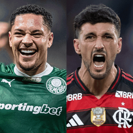 Cầu thủ Vitor Roque của Palmeiras và Arrascaeta của Flamengo đối đầu, tượng trưng cho trận chung kết Copa Libertadores định mệnh.