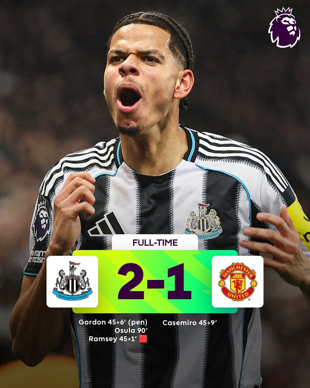 Cầu thủ William Osula của Newcastle United ăn mừng bàn thắng ấn định chiến thắng 2-1 trước Manchester United, cùng với bảng tỷ số cuối trận.
