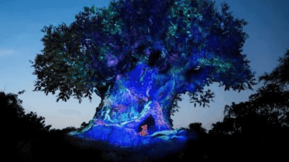Cây Sự Sống tại Vương quốc Động vật Disney rực rỡ ánh sáng huyền ảo vào ban đêm, tượng trưng cho sự kiện Moonlight Magic.