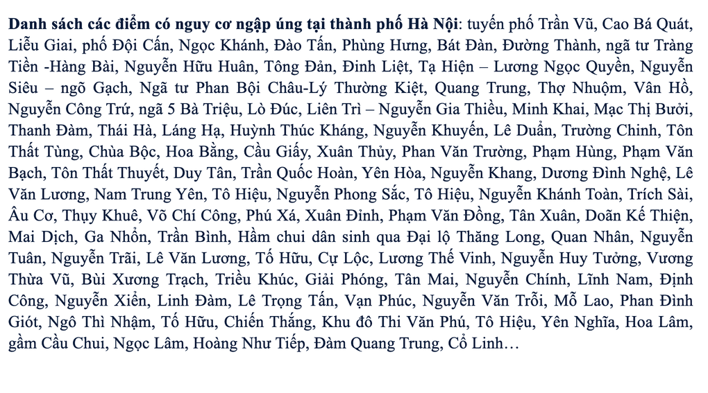 Danh sách các tuyến phố và khu vực có nguy cơ ngập úng cao tại Hà Nội.