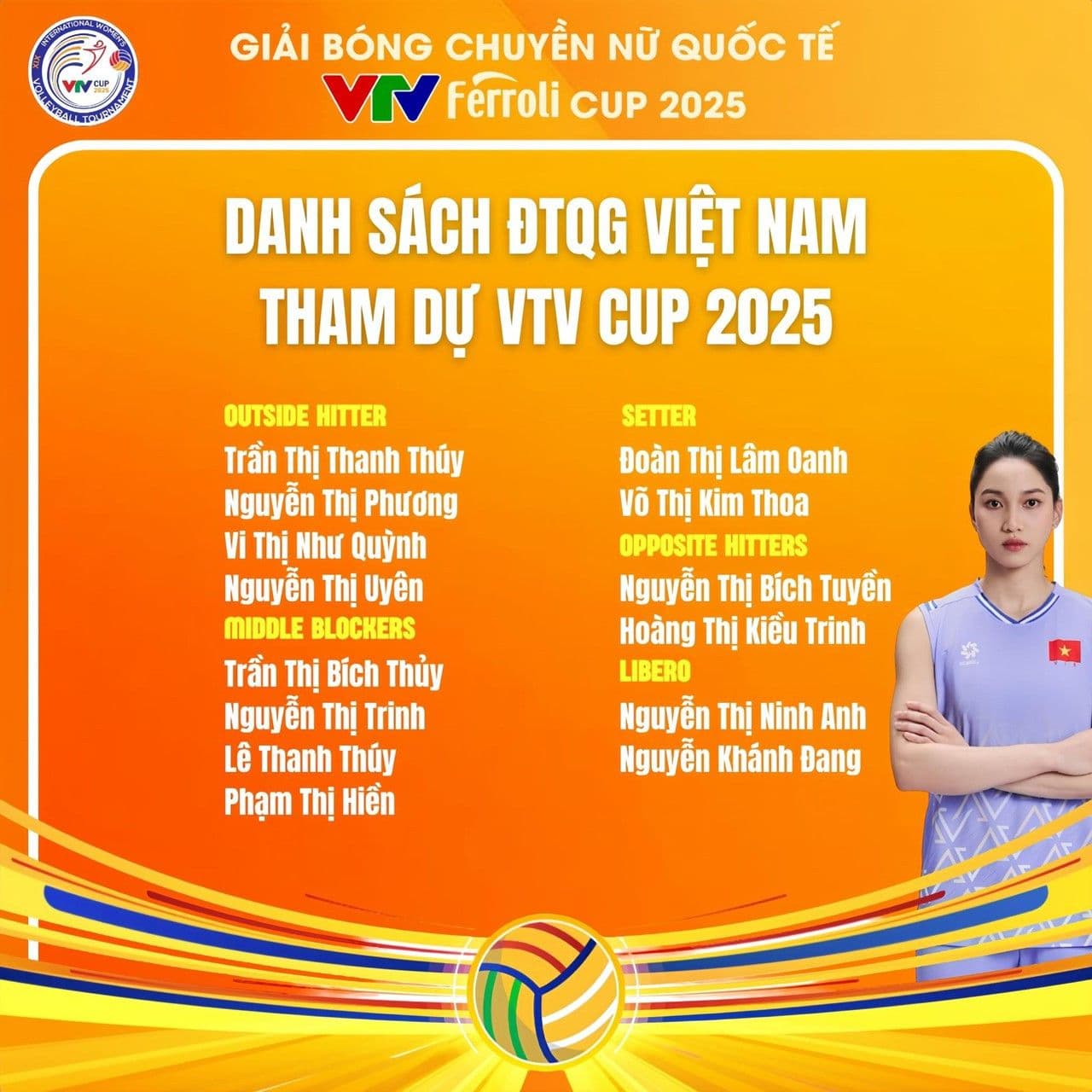 Danh sách đội tuyển bóng chuyền nữ Việt Nam tham dự VTV Cup 2025 với các ngôi sao chủ lực