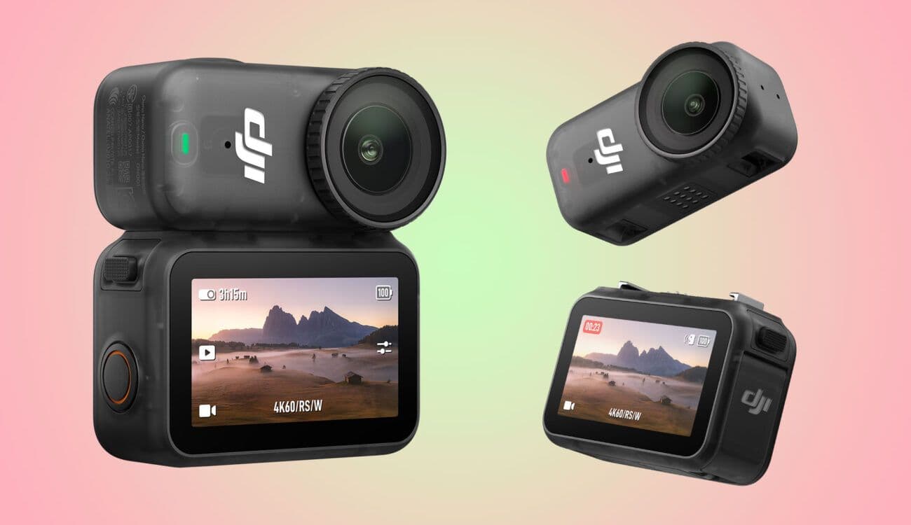 DJI Osmo Nano với thiết kế mô-đun, hiển thị camera độc lập và khi gắn với dock màn hình, nhấn mạnh sự nhỏ gọn và linh hoạt.