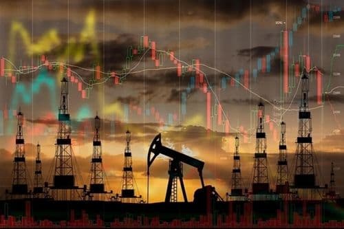 Dàn khoan dầu và biểu đồ giá dầu thể hiện sự biến động của thị trường năng lượng toàn cầu.