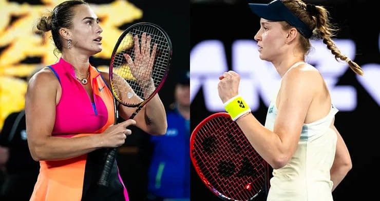 Elena Rybakina và Aryna Sabalenka đối đầu trên sân tennis, thể hiện sự cạnh tranh khốc liệt giữa hai nhà vô địch.