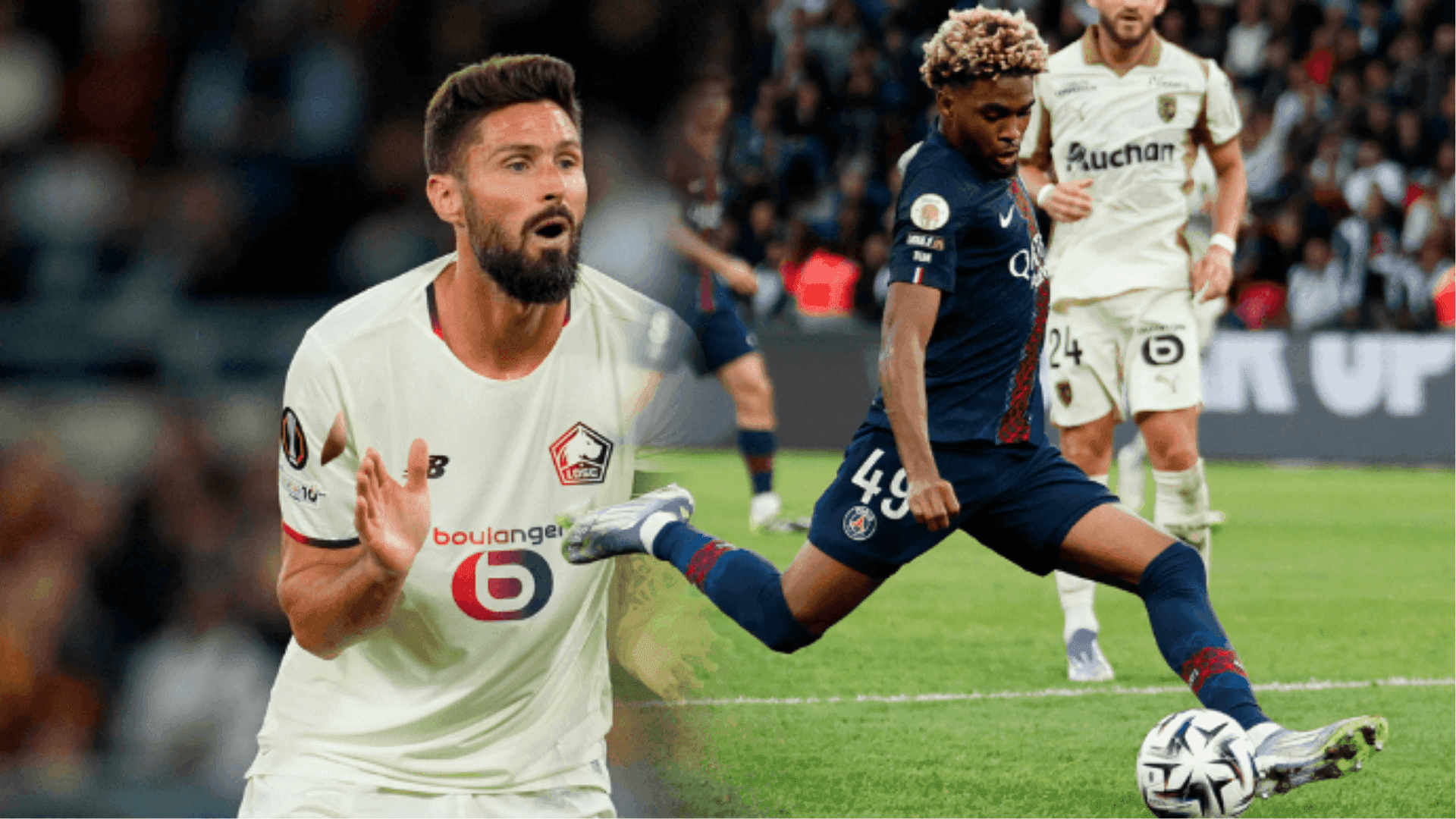 Ethan Mbappé trong màu áo PSG và cầu thủ Lille trên sân cỏ, tượng trưng cho hành trình của anh.