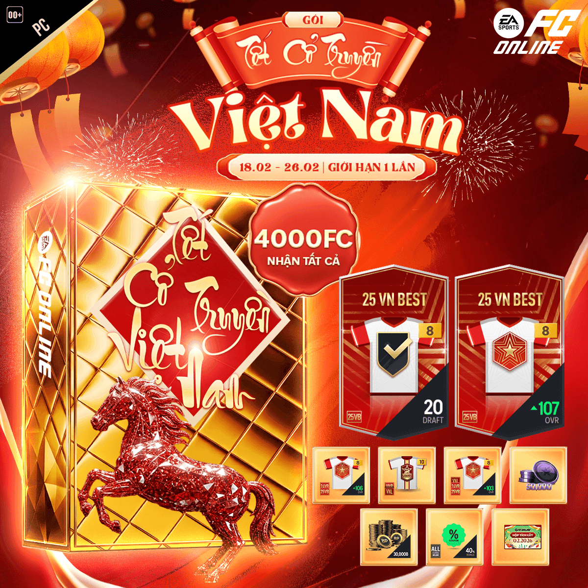 Gói quà Tết Cổ Truyền Việt Nam trong FC Online, chứa các thẻ cầu thủ VN BEST và nhiều vật phẩm giá trị khác.