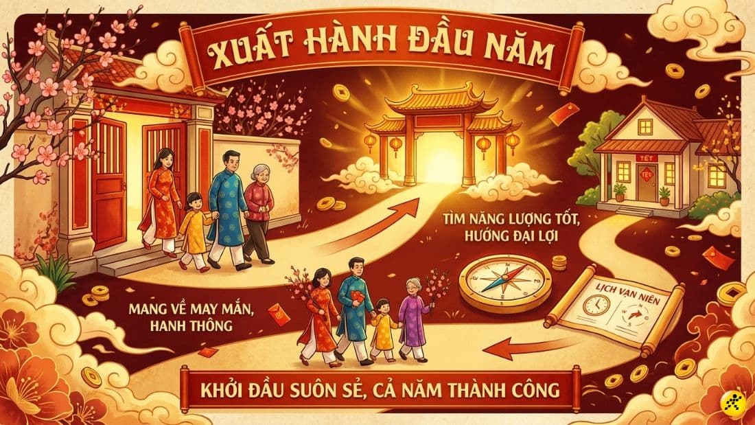 Gia đình xuất hành đầu năm, tượng trưng cho việc chủ động kiến tạo tương lai và kết nối truyền thống với hiện đại trong phong tục xông đất.