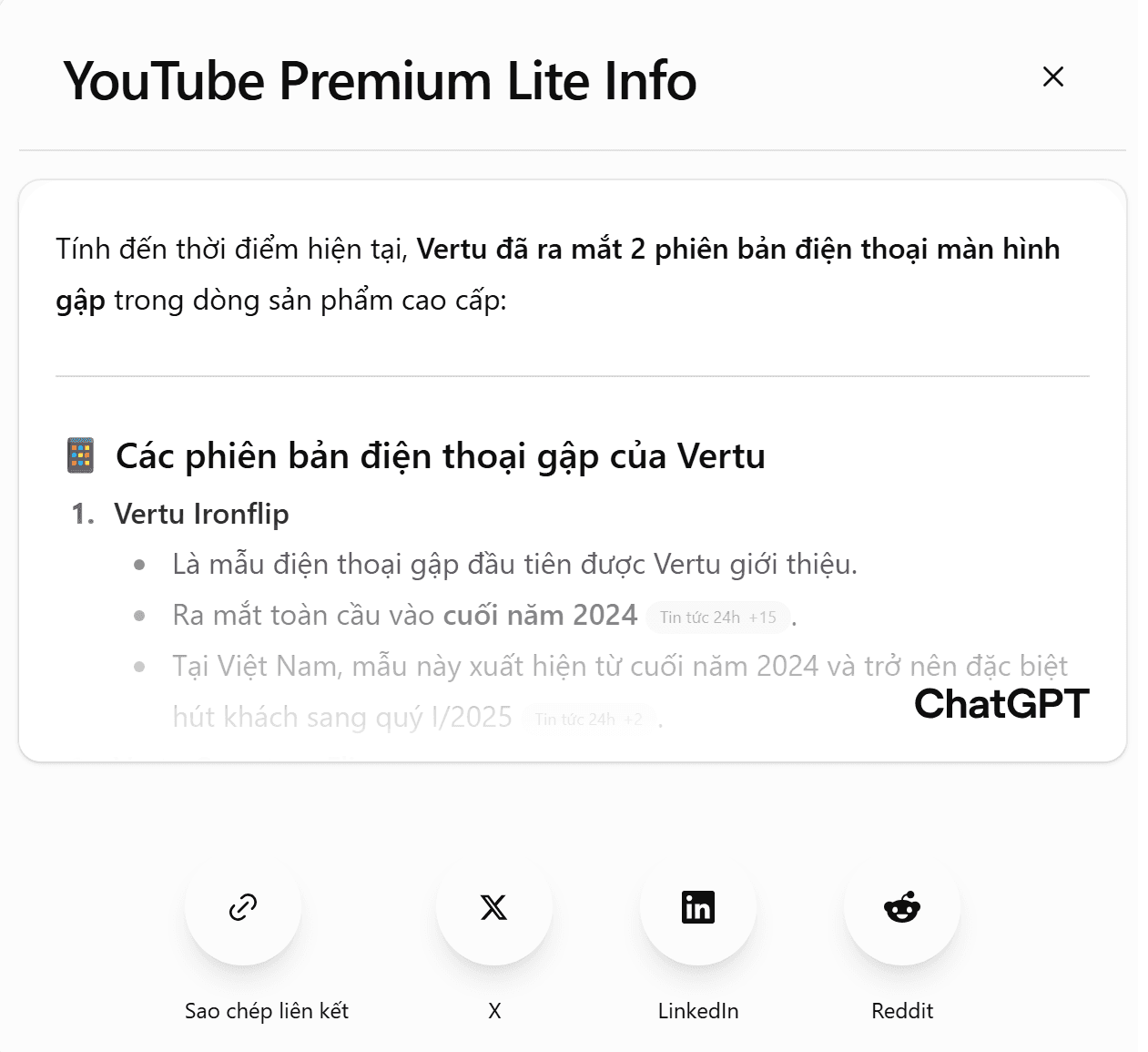 Giao diện ChatGPT hiển thị cuộc trò chuyện và các tùy chọn chia sẻ công khai.