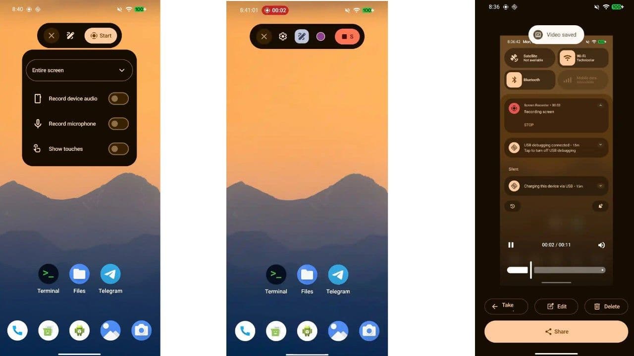 Giao diện công cụ ghi màn hình mới của Android 17 với tùy chọn ghi âm và hiển thị thao tác chạm.