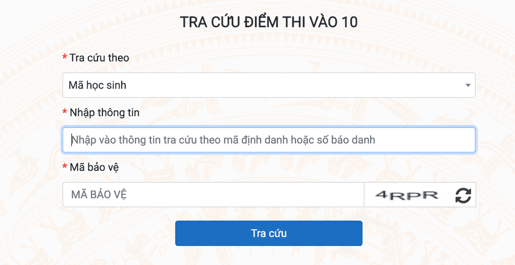 Giao diện cổng thông tin tra cứu điểm thi lớp 10 Hà Nội