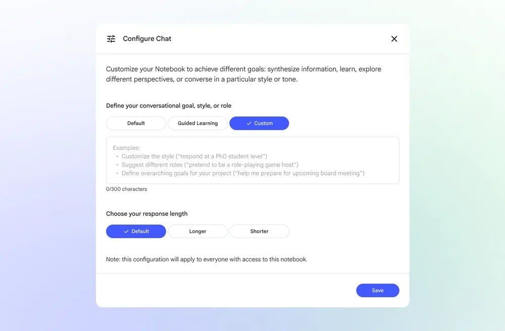 Giao diện cấu hình trò chuyện của NotebookLM, cho phép người dùng tùy chỉnh mục tiêu, phong cách hoặc vai trò của AI.