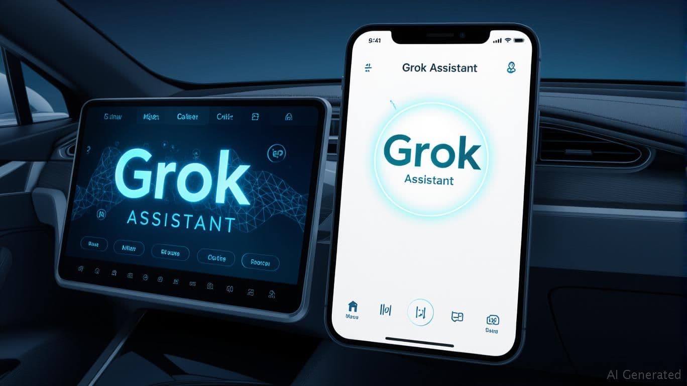 Giao diện Grok Assistant trên điện thoại thông minh và màn hình giải trí ô tô, minh họa tiềm năng ứng dụng của Grok.